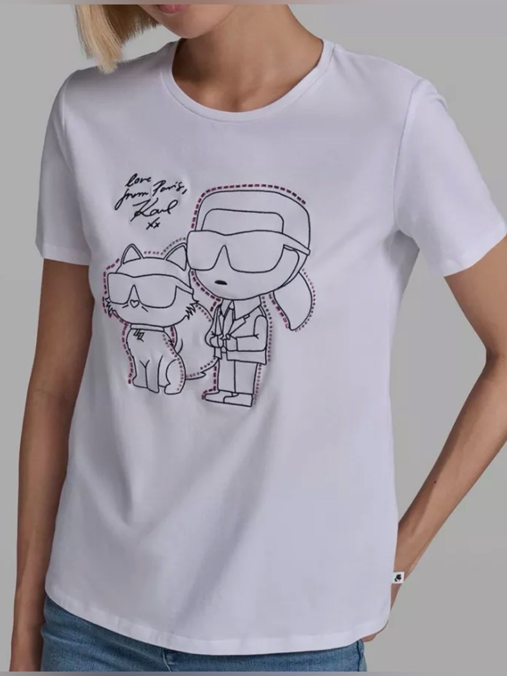 Karl Lagerfeld White Graphic Cat & Karl Tee with Black  and pink studs Outline